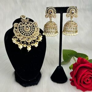 Beautiful Gold Ad Statement Jhumka And Tikka Set